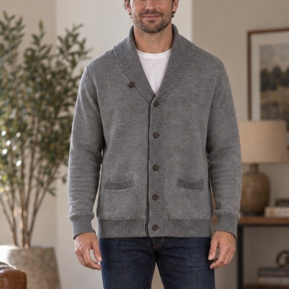 Banana Republic Cardigan Gray Shawl Collar Cotton Grandpa Core Preppy Mens Large